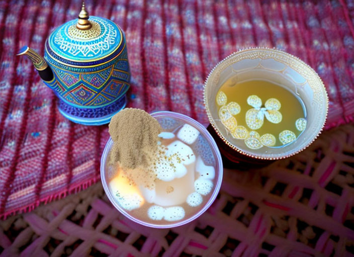 Traditional Thai Tea Set with Blue Teapot, Lemon Tea, Dessert, and Pink Mat