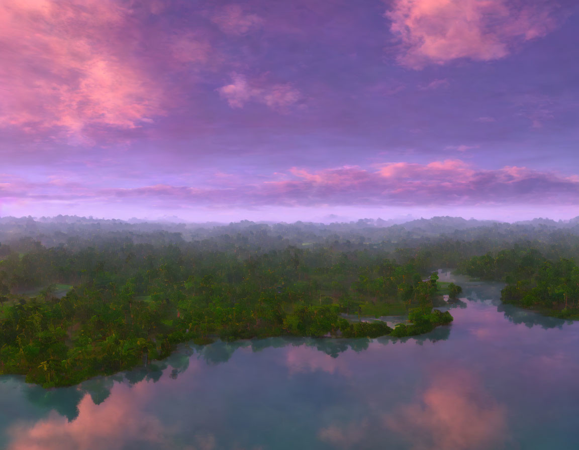 Tranquil forest and river scene at dusk with purple and pink sky