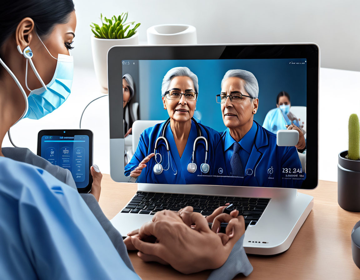 Woman in mask consults with two doctors via telemedicine on computer screen.