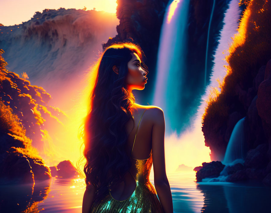 Woman admires vibrant waterfall at sunset with warm silhouette.