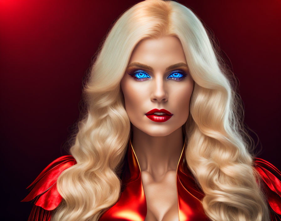 Digital Artwork: Woman with Blue Eyes, Blonde Hair, Red Lipstick, and Glossy Red