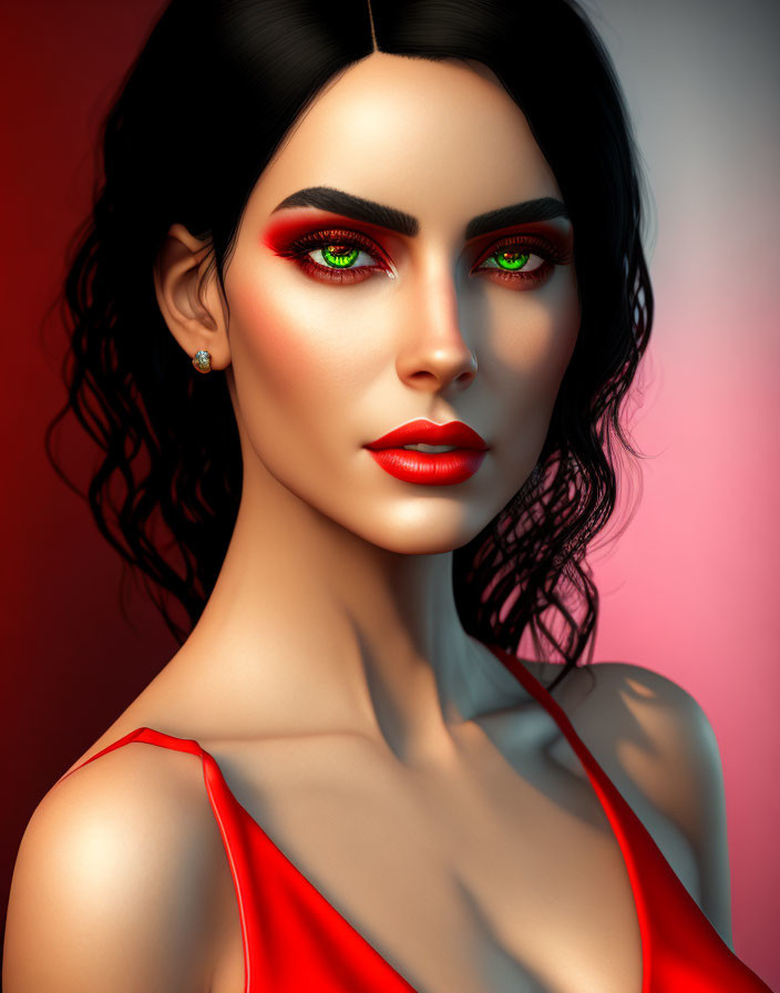 Striking green-eyed woman in red dress with red makeup