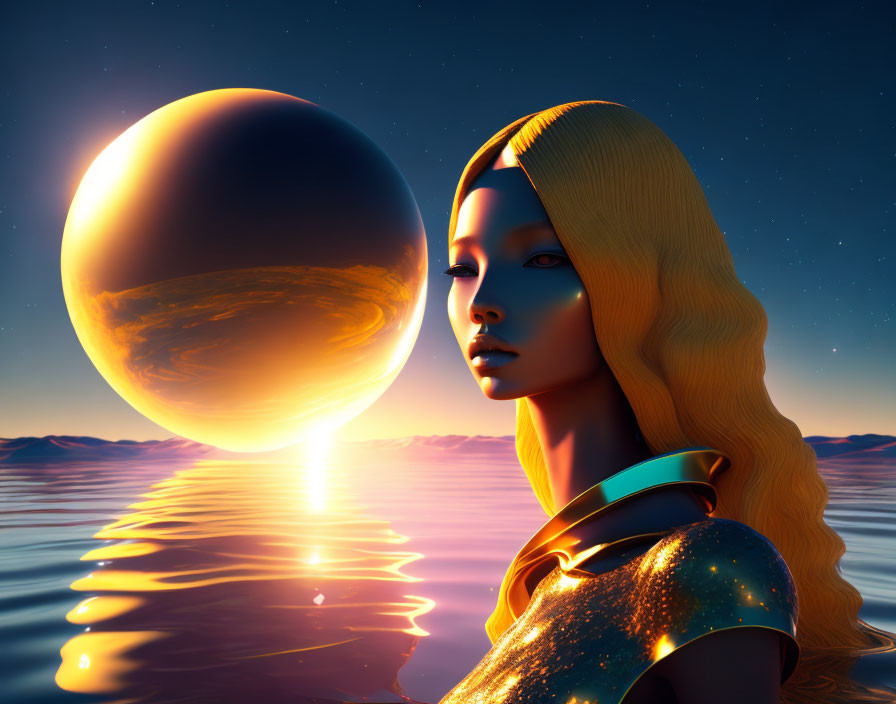 Surreal image of woman with golden hair gazing at rising planet over tranquil sea at sunset