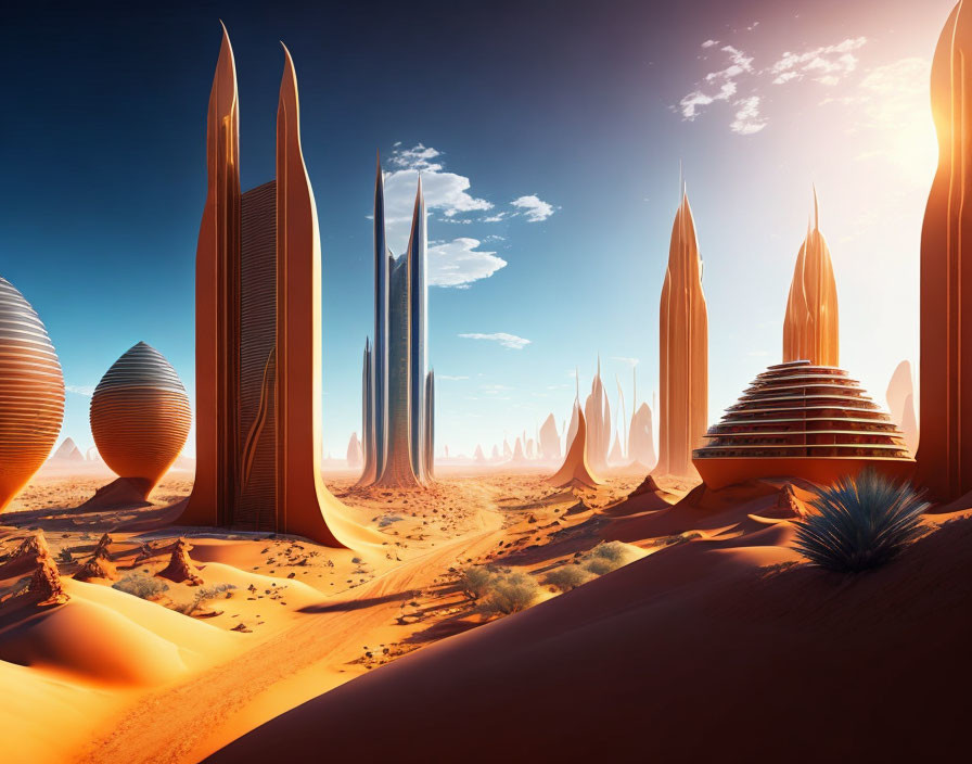 Futuristic desert cityscape with towering architectural structures under vibrant blue sky