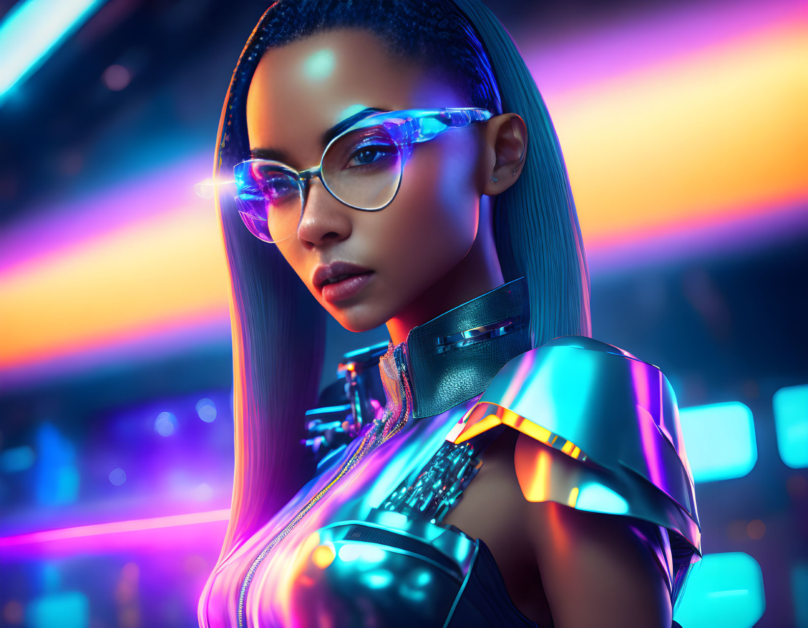 Cybernetic Woman with Reflective Glasses in Neon-lit Setting