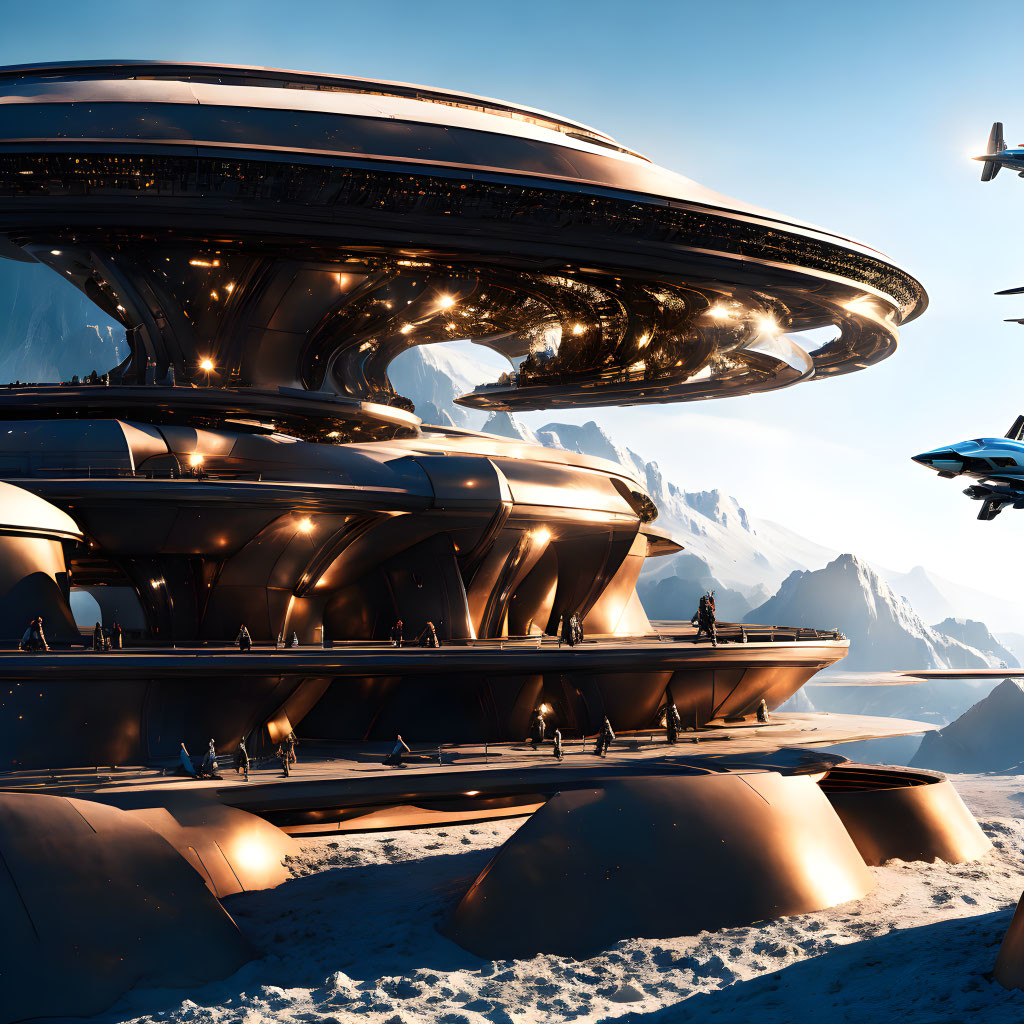 Sleek futuristic buildings in icy mountain setting with advanced aircraft.