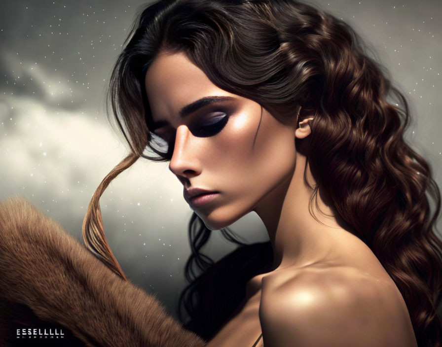 Dark-haired woman with bold makeup in mysterious portrait against starry backdrop