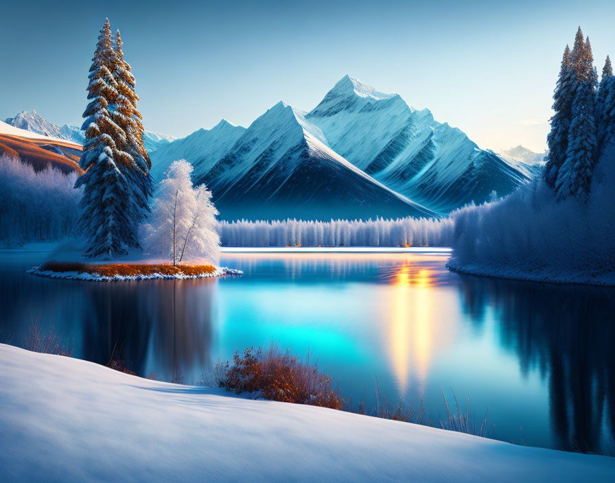 Snow-covered trees and turquoise lake in serene winter landscape