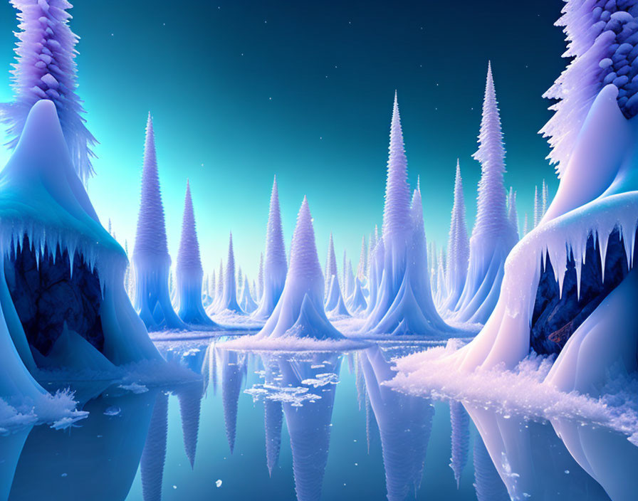 Icy Twilight Landscape with Towering Ice Formations