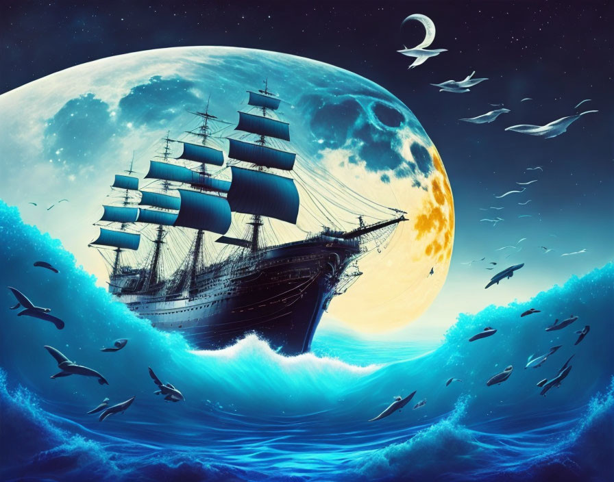 Fantastical night seascape with sailing ship, moon, birds, and dolphins