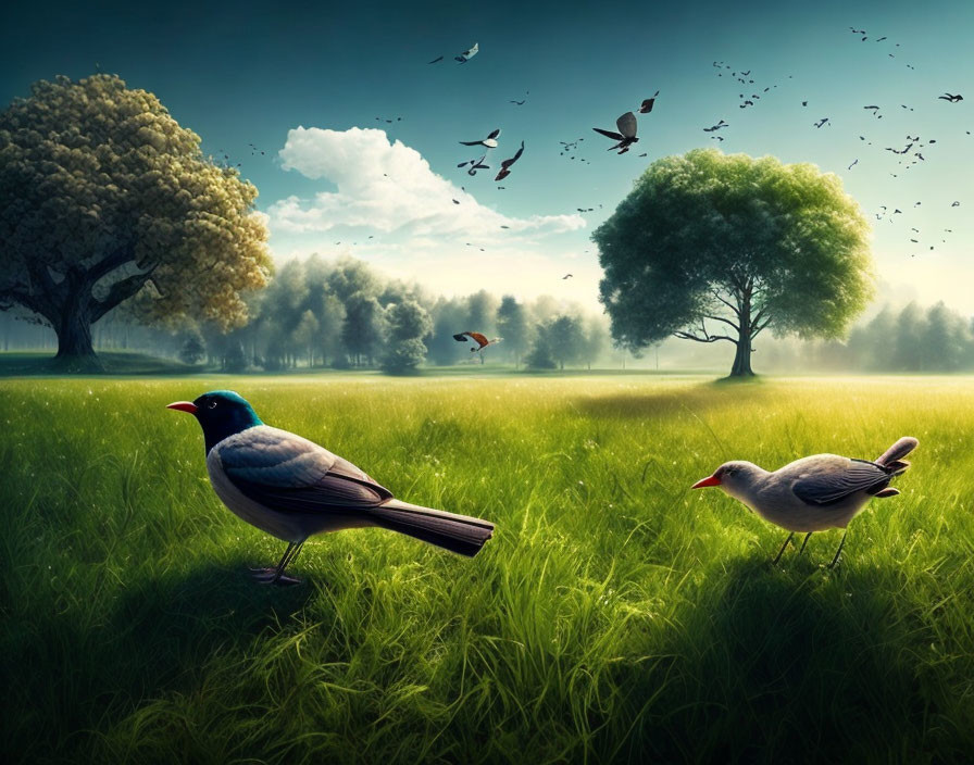 Tranquil meadow scene with stylized birds, scattered trees, and flying birds under blue sky