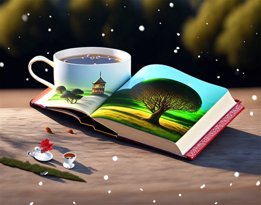 3D Landscape Tree in Open Book with Tea Cup Reflection