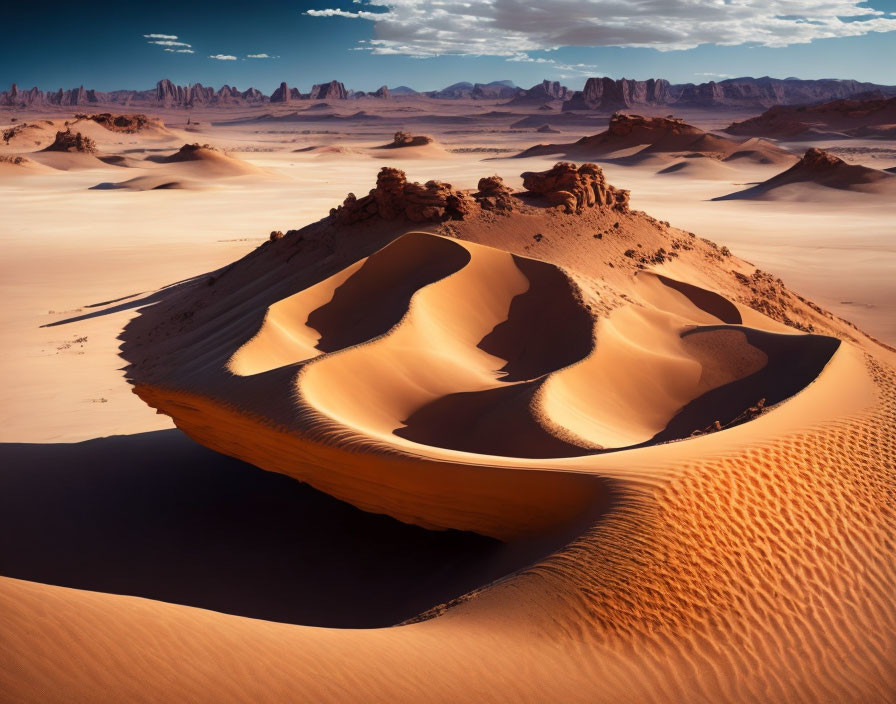 Desert landscape with central sand dune and rock formations