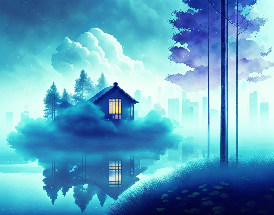 Tranquil night scene with small house, clouds, trees, and water