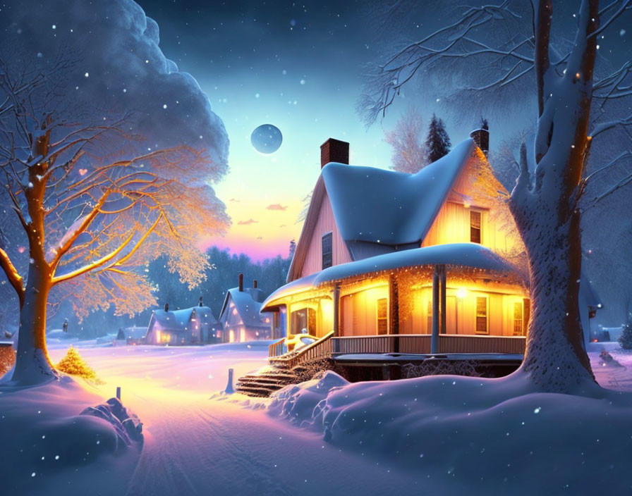 Snow-covered cottage at twilight with warm lights, surrounded by trees and starry sky.