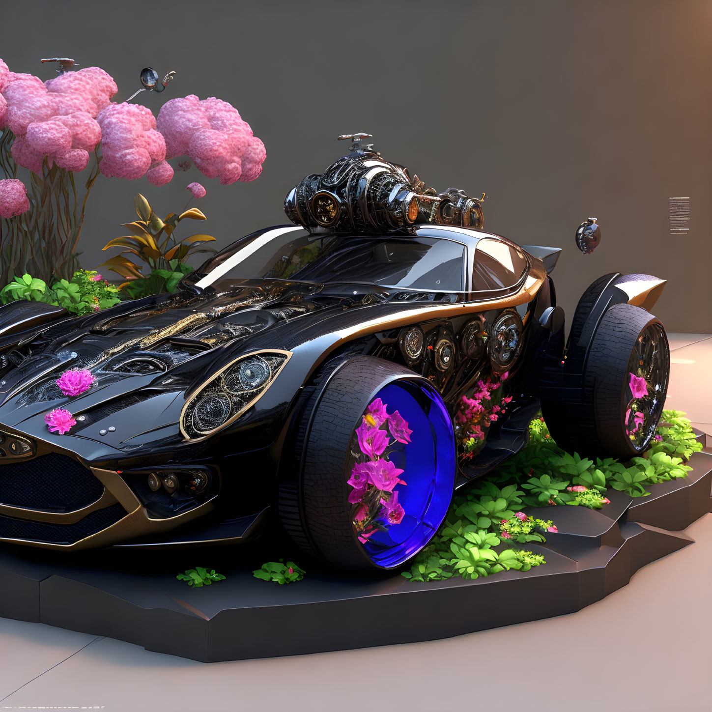 Futuristic black car with pink flowers and mechanical details in lush green setting