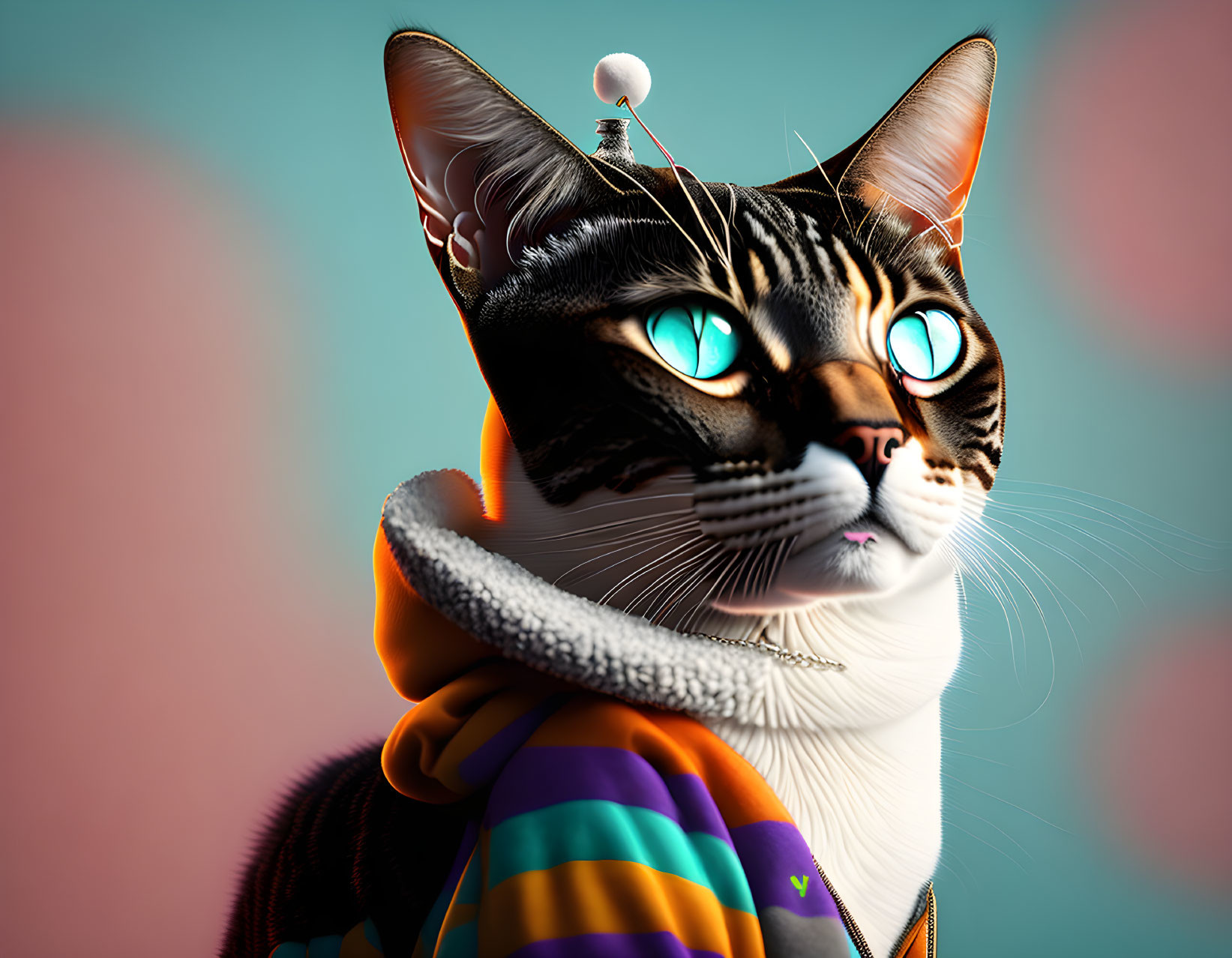 Anthropomorphic Cat 3D Illustration with Turquoise Eyes and Orange Hoodie