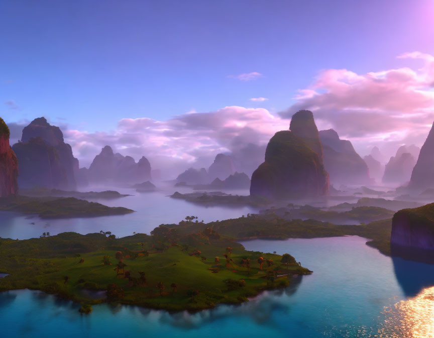 Fantasy landscape with towering rocks, shimmering water, green grass, and purple sky.