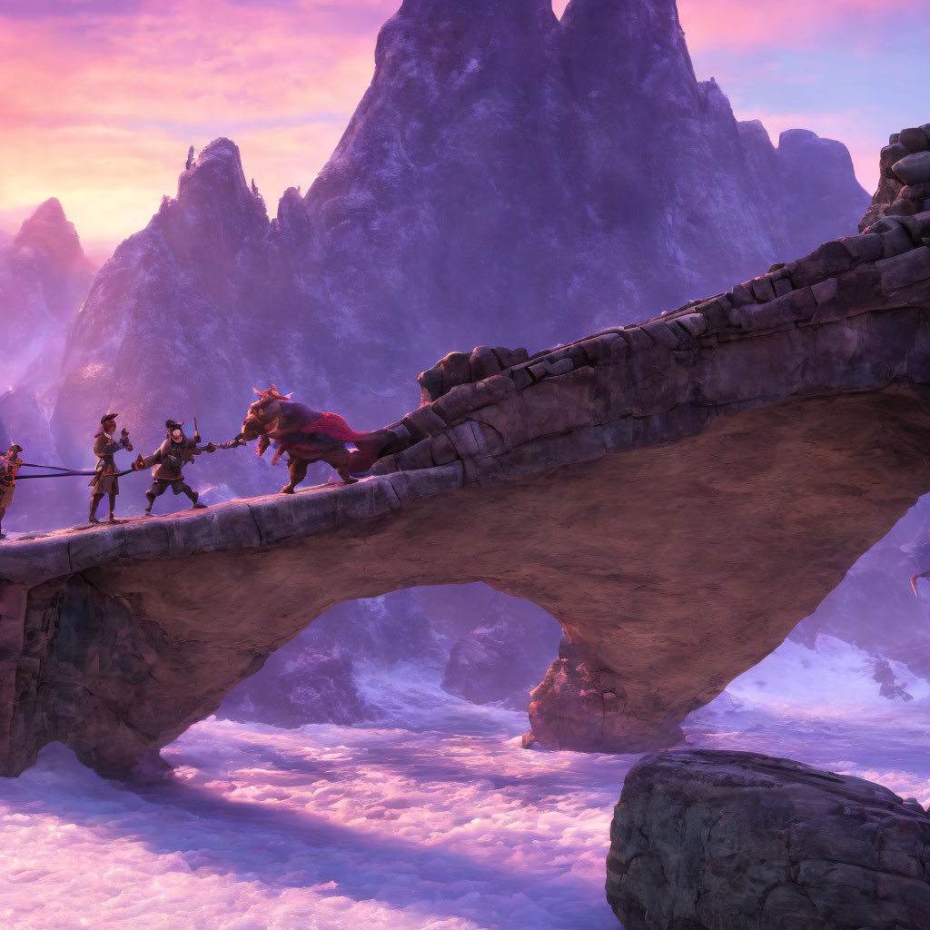 Fantasy Mountain Landscape with Animated Warriors and Red Dragon