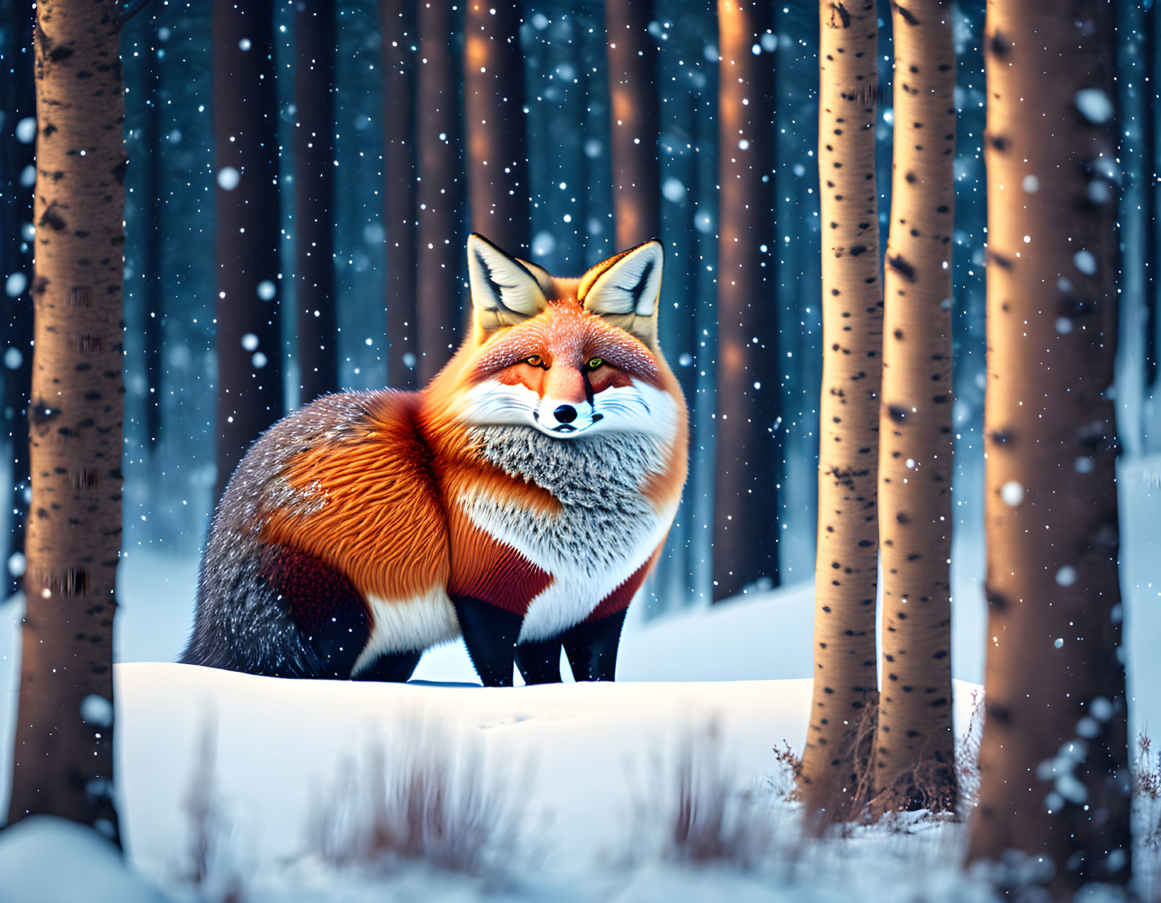 Red fox in snow-covered forest with falling snowflakes and tall trees