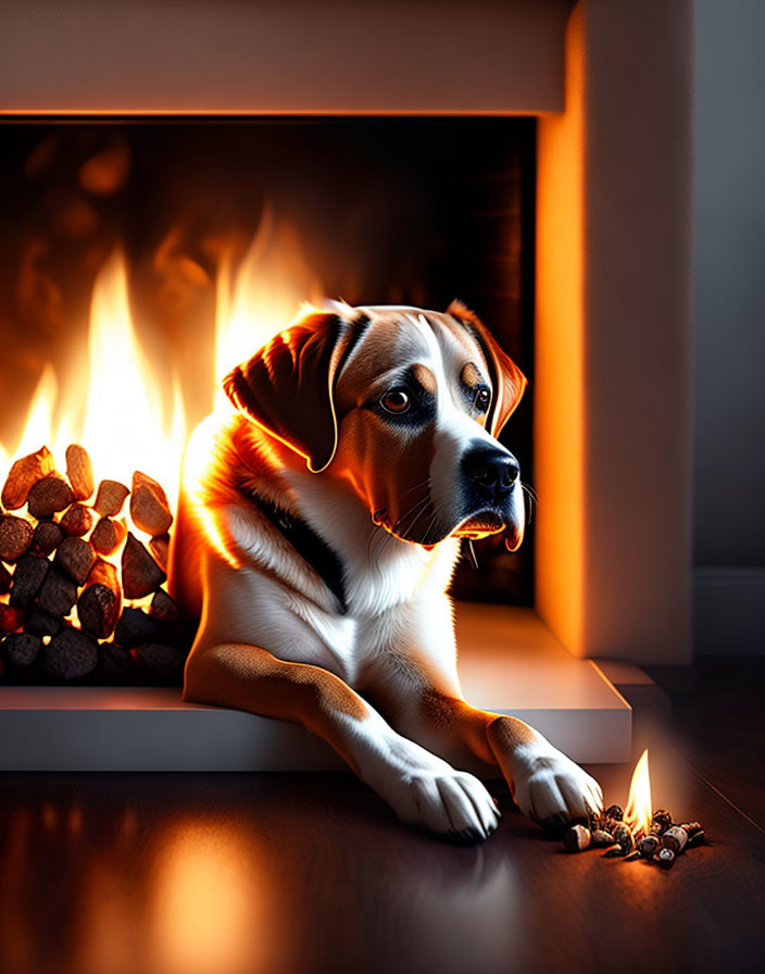 Dog resting by cozy fireplace under golden light