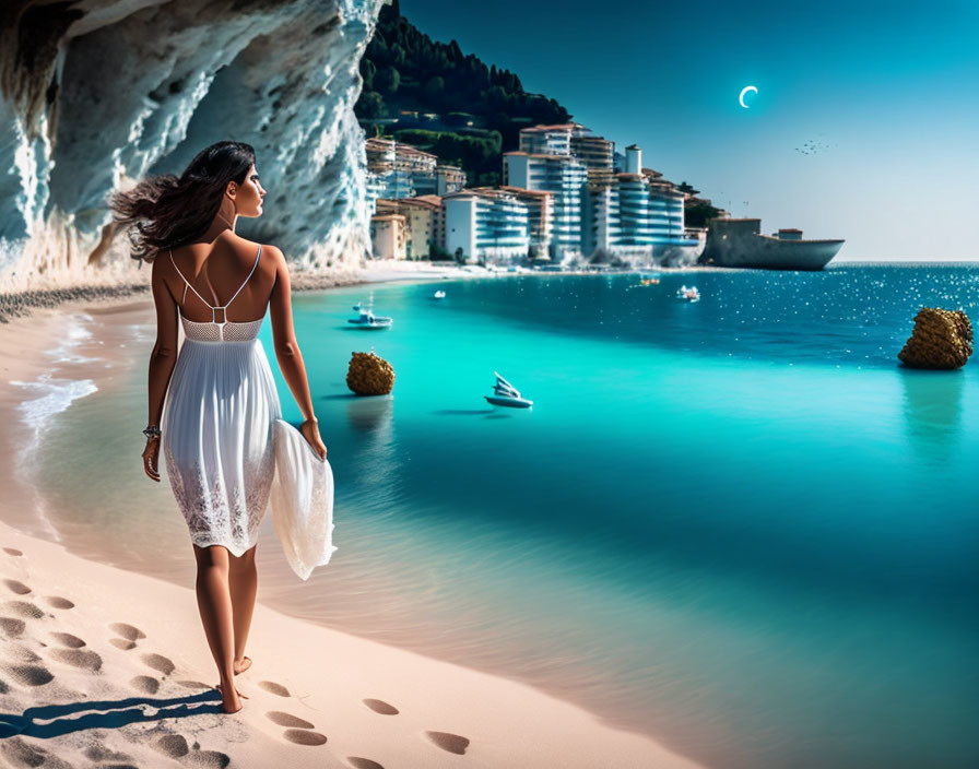 Woman in white dress walking on beach with crescent moon and coastal cityscape