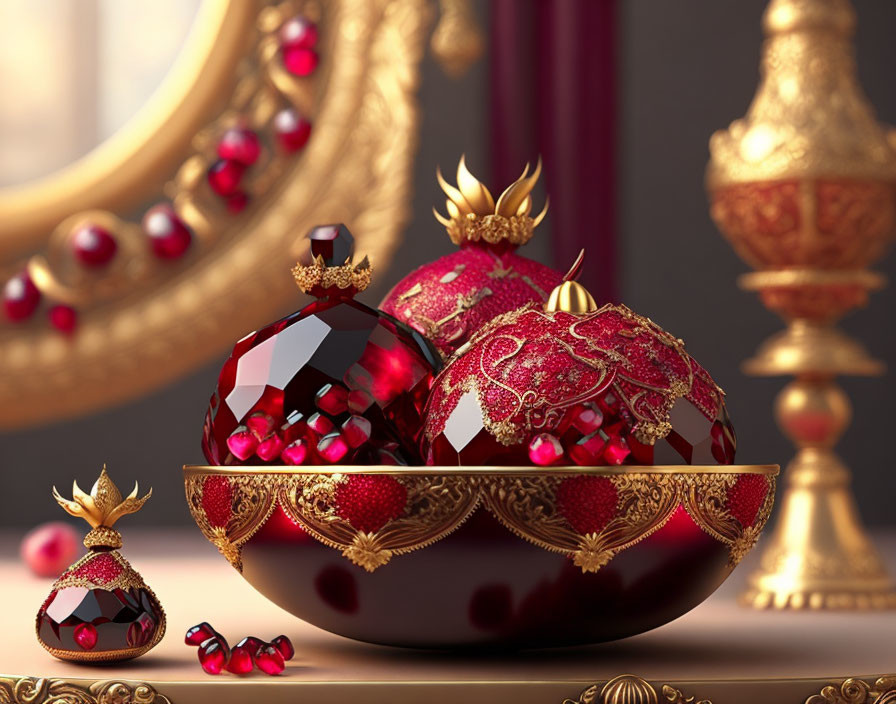 Royal-themed ornaments with ruby stones and gold detailing displayed elegantly beside a golden mirror