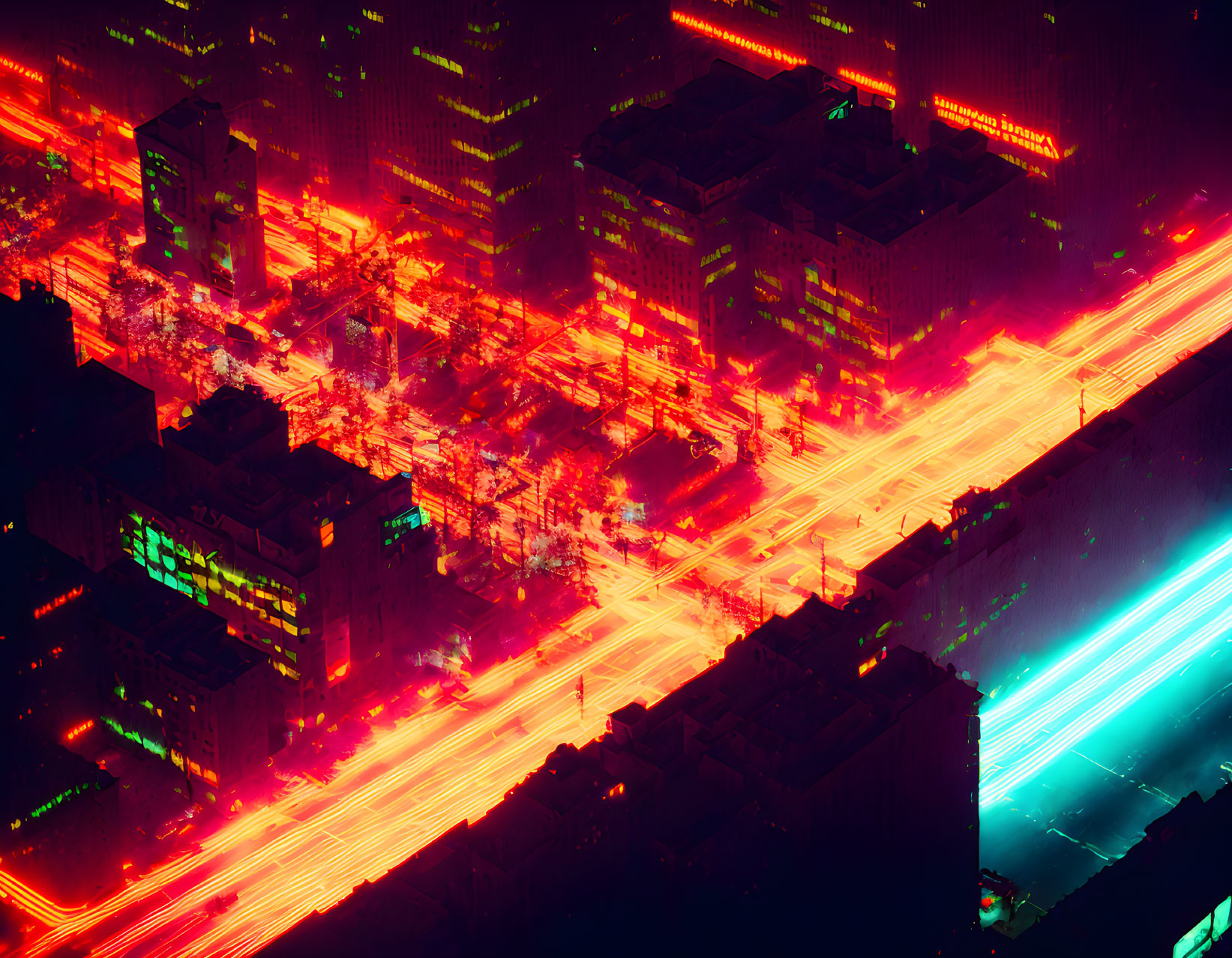 Vibrant red and cyan neon cityscape at night