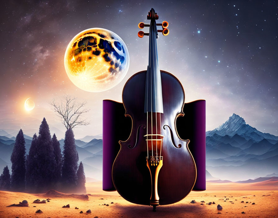Violin centered in surreal cosmic landscape with moon, sun, stars, and mountains
