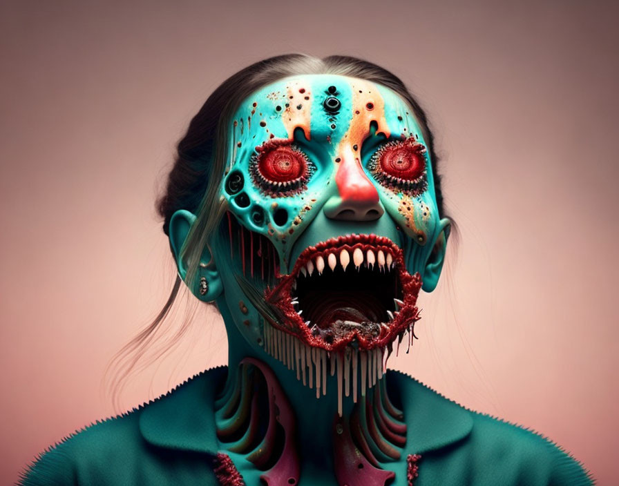 Surreal portrait of person with monstrous face, red eyes, and screaming mouth