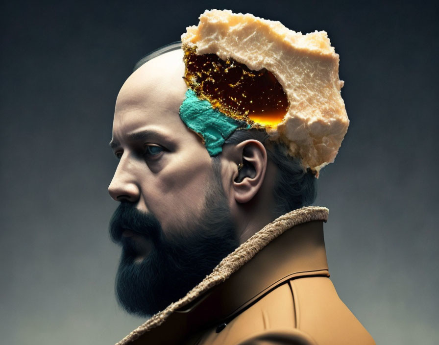 Surreal image of man with bread brain and honeycomb structure