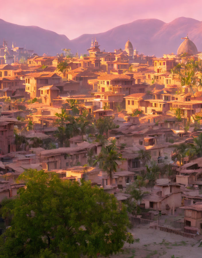 Historic town with domed buildings under warm sunset glow