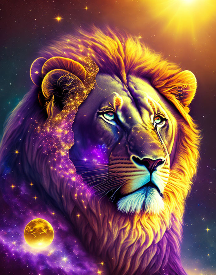 Colorful lion artwork with cosmic backdrop: stars, nebulas, glowing moon.