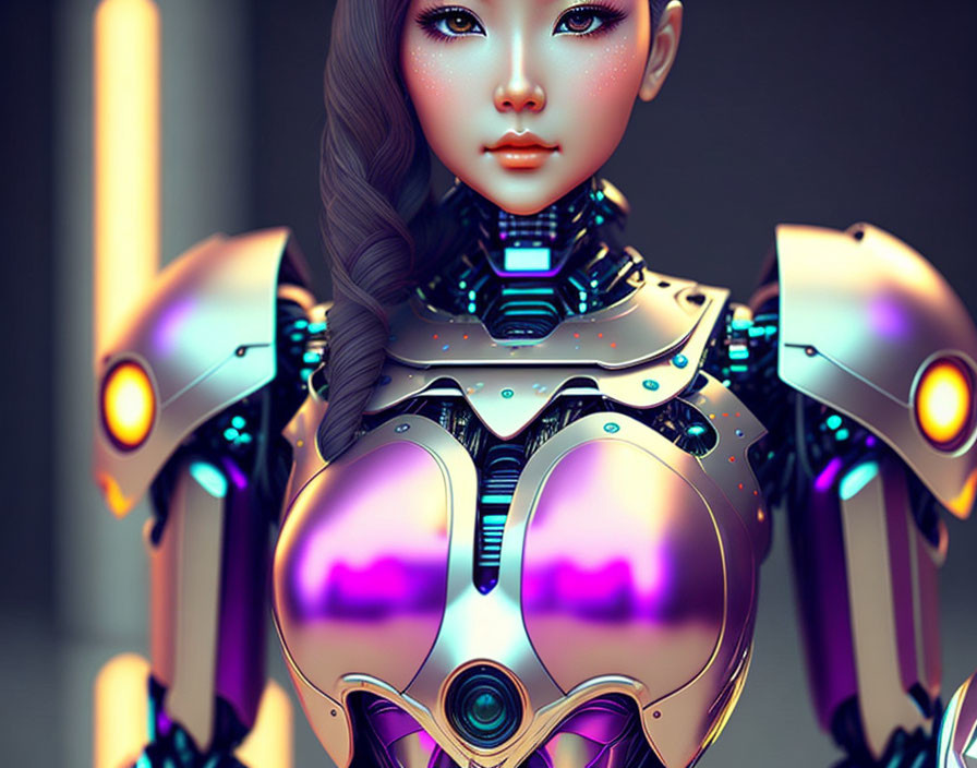 Stylized female robot with human-like face and braided hair, glowing purple and yellow metallic details