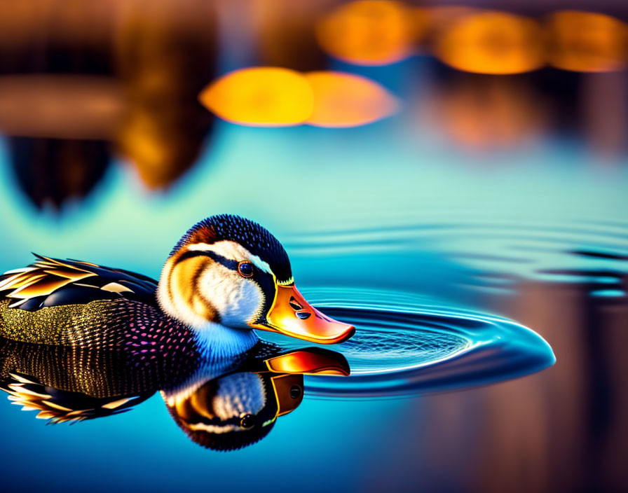 Vibrant colorful duck swimming in calm water