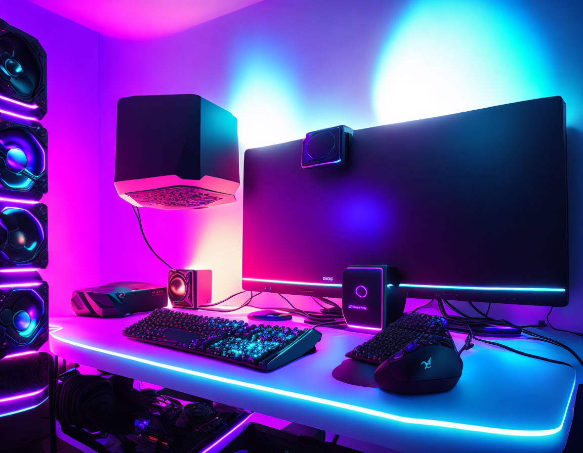 Vibrant RGB Gaming Setup with Widescreen Monitor, Speakers, Keyboard, Mouse & PC Tower