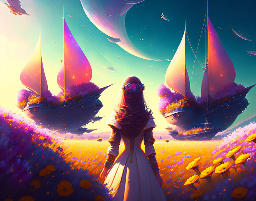 Woman in flower field admires ships with giant planet and colorful sky