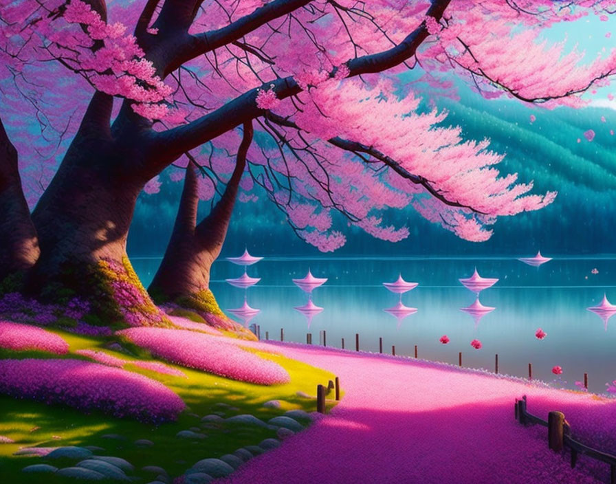 Tranquil cherry blossom landscape with lantern-lit lake & pink pathway