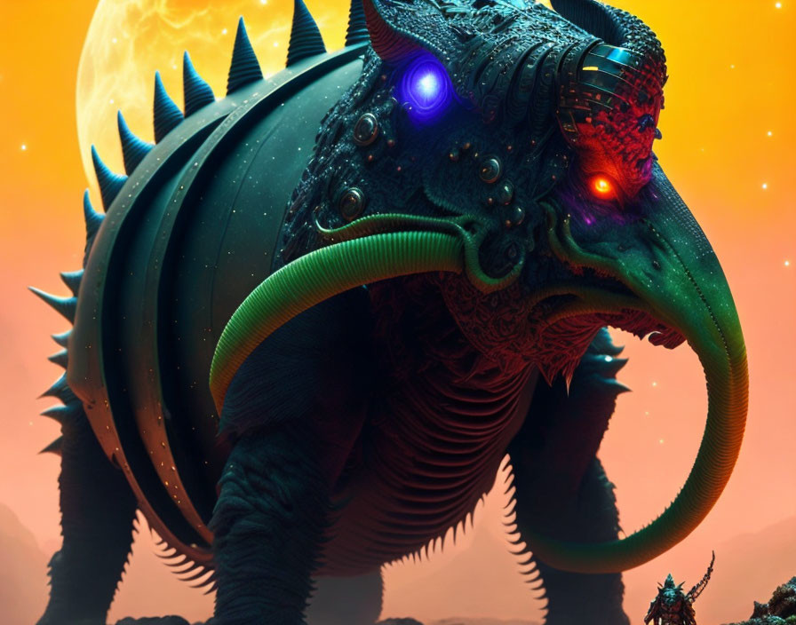 Fantastical creature with spikes, glowing eyes, and ornate armor under orange sky