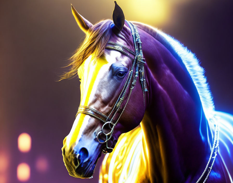 Vibrant neon-lit horse portrait on dark background