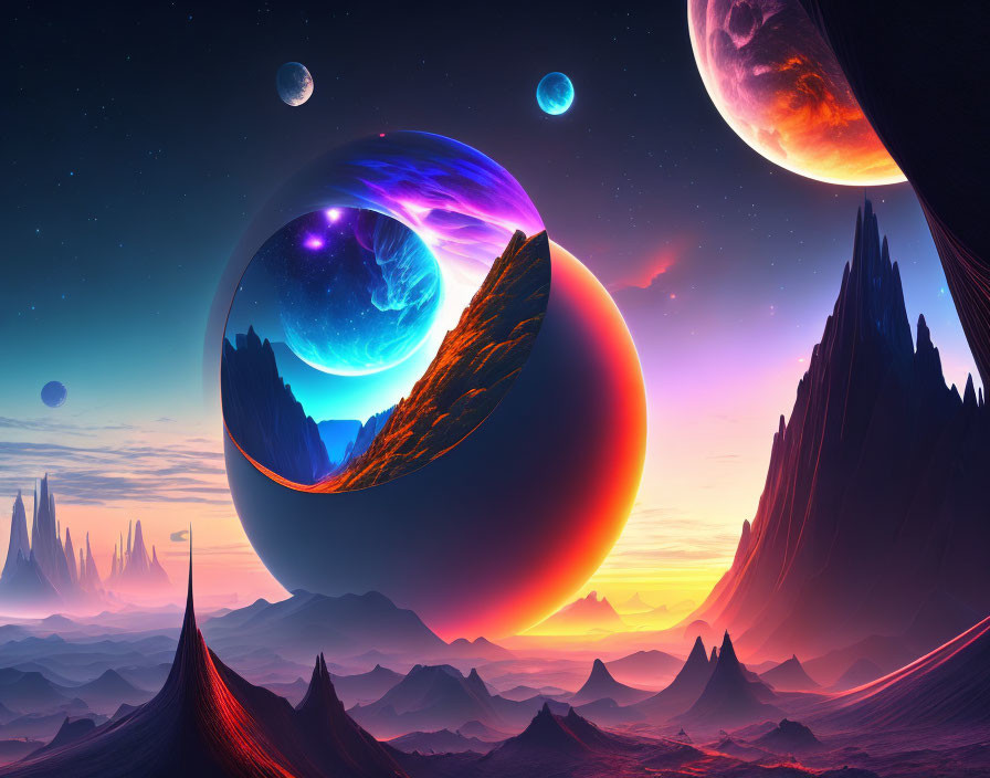 Vibrant sci-fi landscape with mountains under starry sky