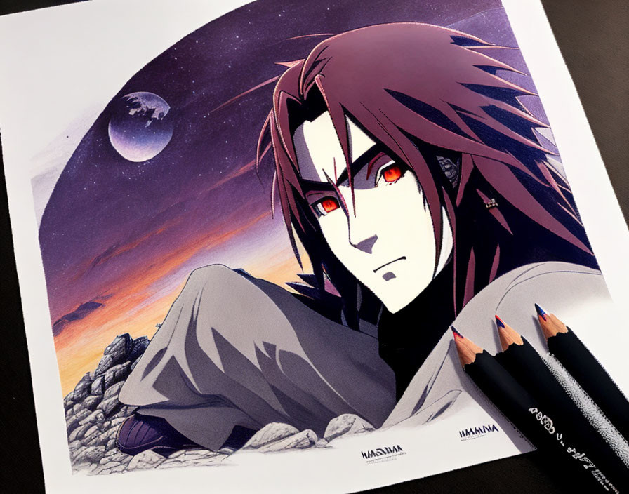 Anime character with red eyes and long dark hair under crescent moon on purple night sky.