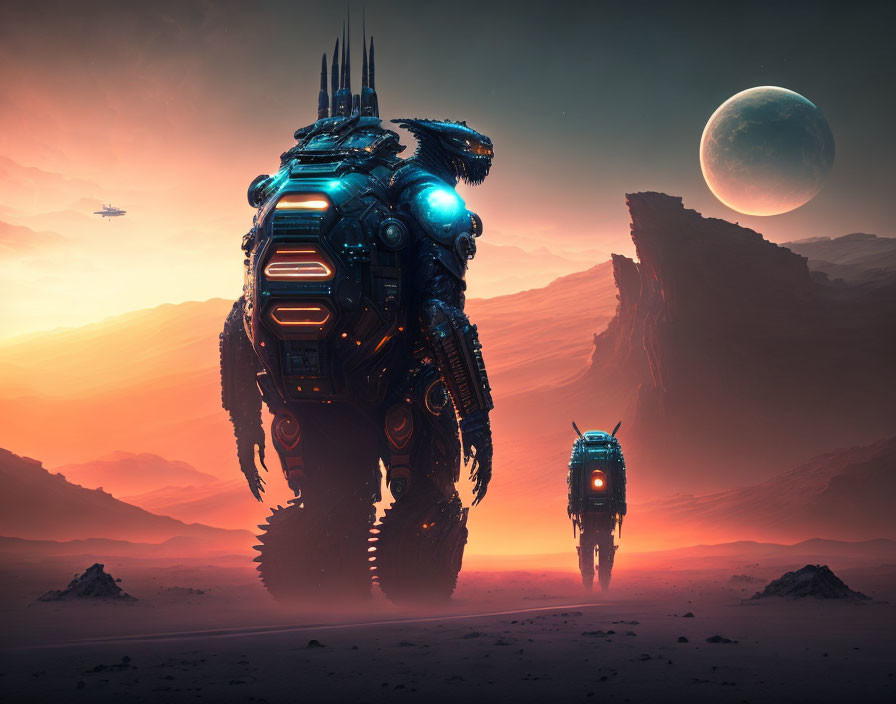 Gigantic futuristic robot and smaller companion on alien landscape under low-hanging moon