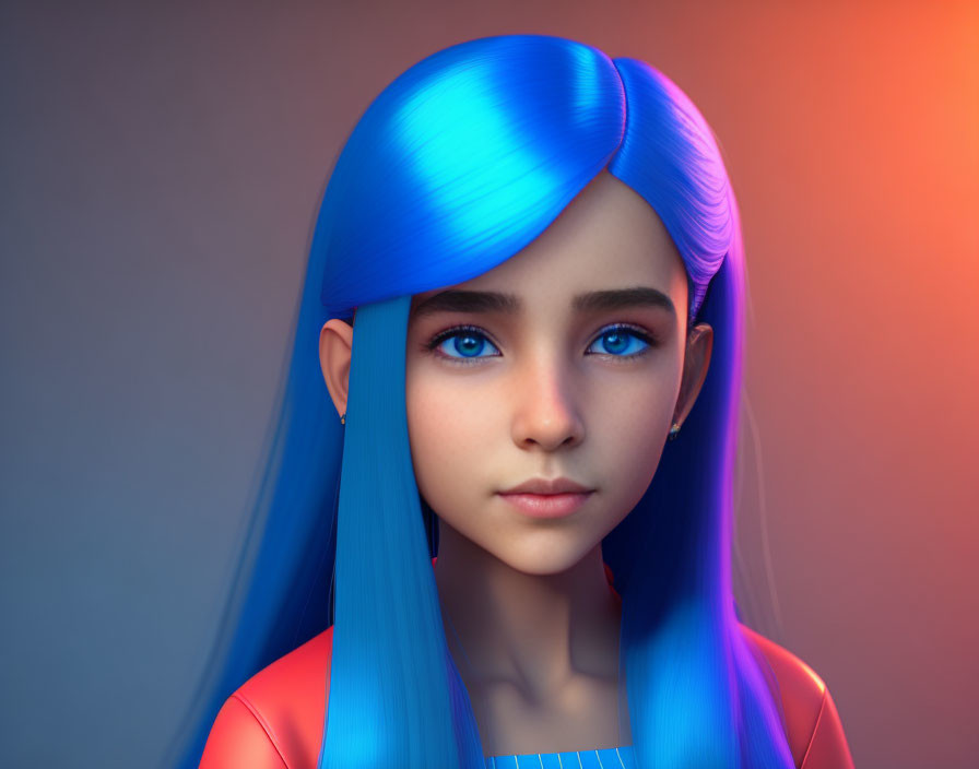 Vibrant 3D illustration: girl with blue hair & eyes on orange-blue gradient.