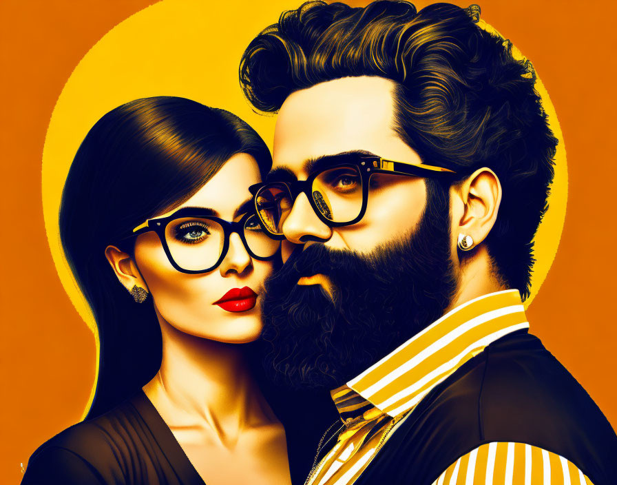 Trendy couple with glasses in stylized illustration on warm yellow backdrop