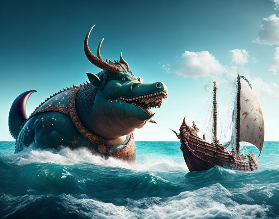 Blue sea creature with horns next to wooden sailing ship on wavy ocean under cloudy sky