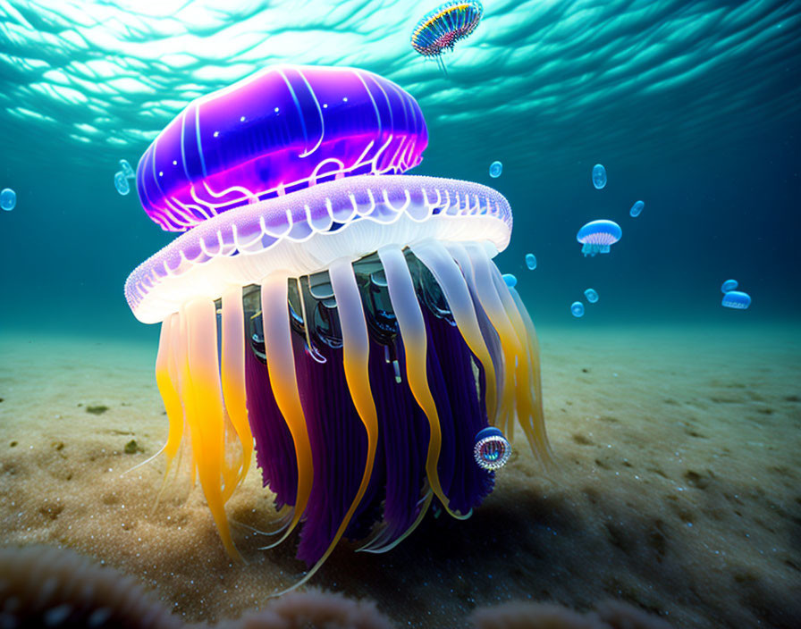 Colorful Jellyfish Among Smaller Ones Underwater