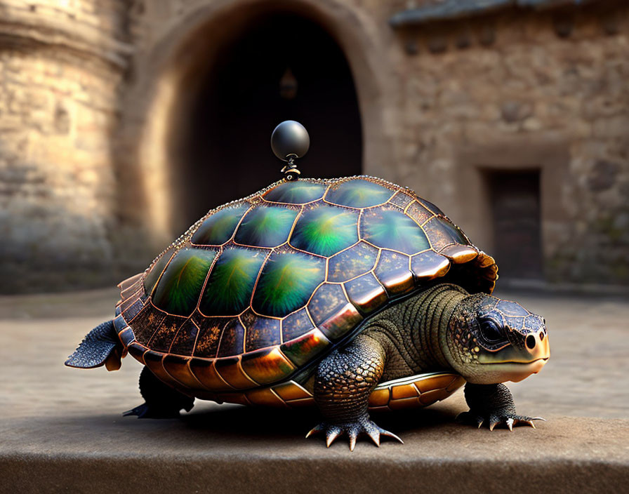 Shiny golden-brown tortoise with iridescent shell and lamp on medieval castle background