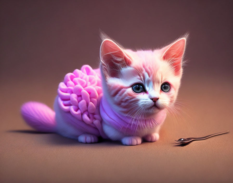 Pink Cat with Blue Eyes and Coral Texture Next to Miniature Fork