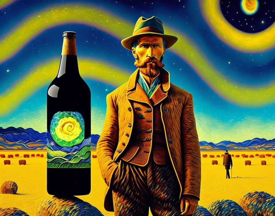 Surrealist illustration: Cowboy with beer bottle in Starry Night desert